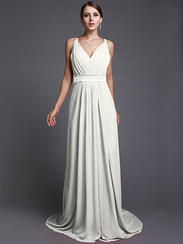 A-Line/Princess V-neck Sleeveless Long Ruffles Chiffon Bridesmaid Dresses CICIP0005515