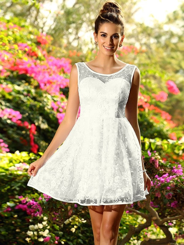 A-Line/Princess Bateau Sleeveless Short Lace Bridesmaid Dresses CICIP0005581