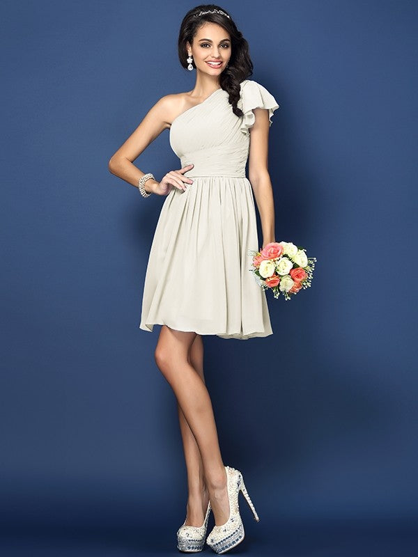 A-Line/Princess One-Shoulder Pleats Sleeveless Short Chiffon Bridesmaid Dresses CICIP0005585