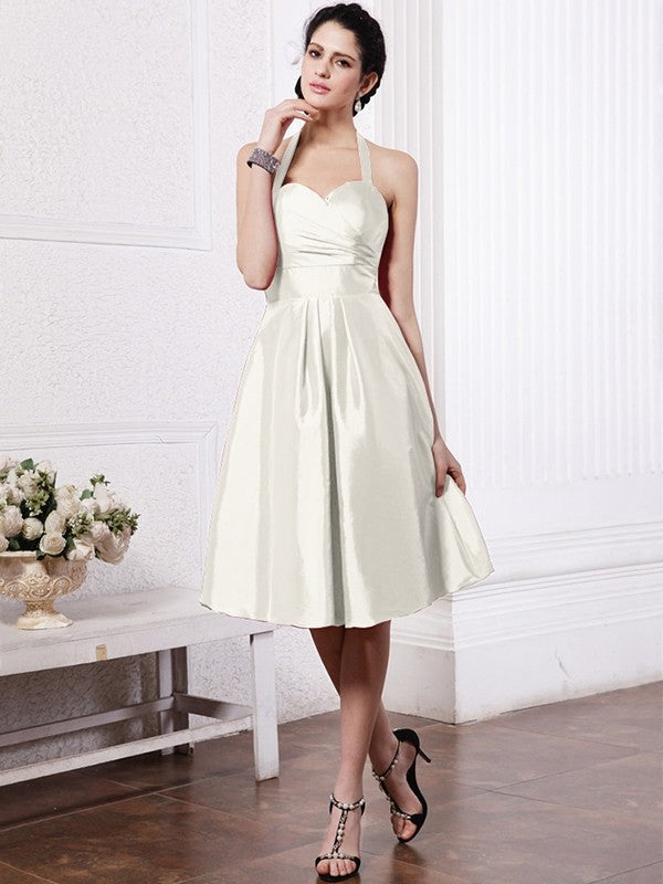 A-Line/Princess Halter Sleeveless Pleats Short Taffeta Bridesmaid Dresses CICIP0005709