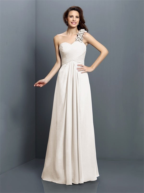 A-Line/Princess One-Shoulder Hand-Made Flower Sleeveless Long Chiffon Bridesmaid Dresses CICIP0005570
