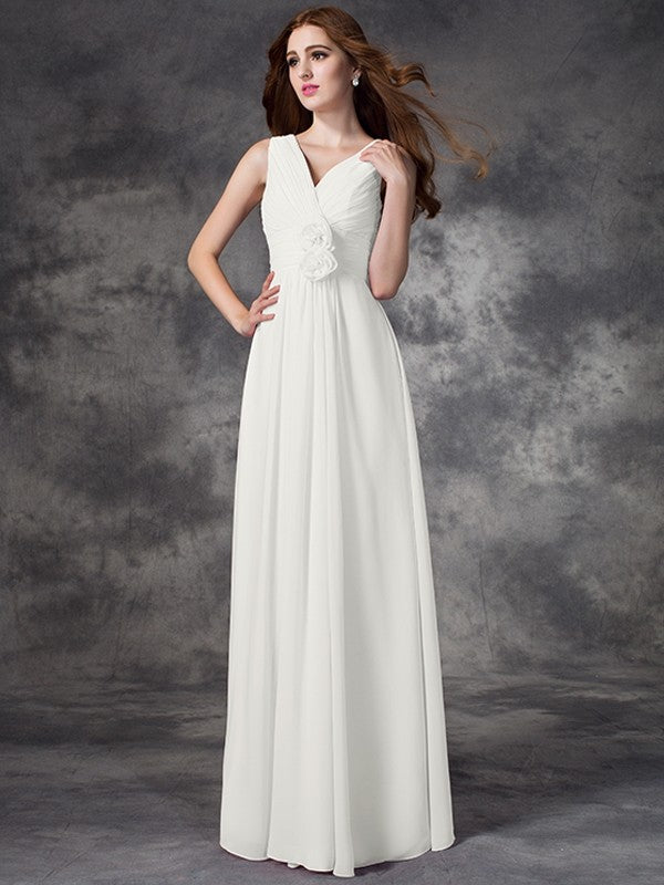 A-line/Princess V-neck Hand-Made Flower Sleeveless Long Chiffon Bridesmaid Dresses CICIP0005784