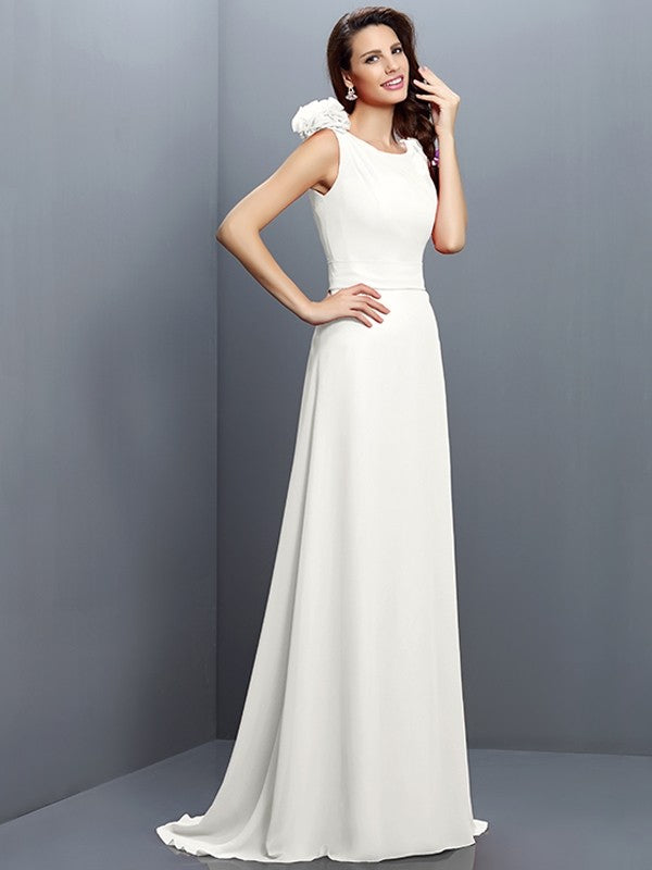 A-Line/Princess Bateau Hand-Made Flower Sleeveless Long Chiffon Bridesmaid Dresses CICIP0005638