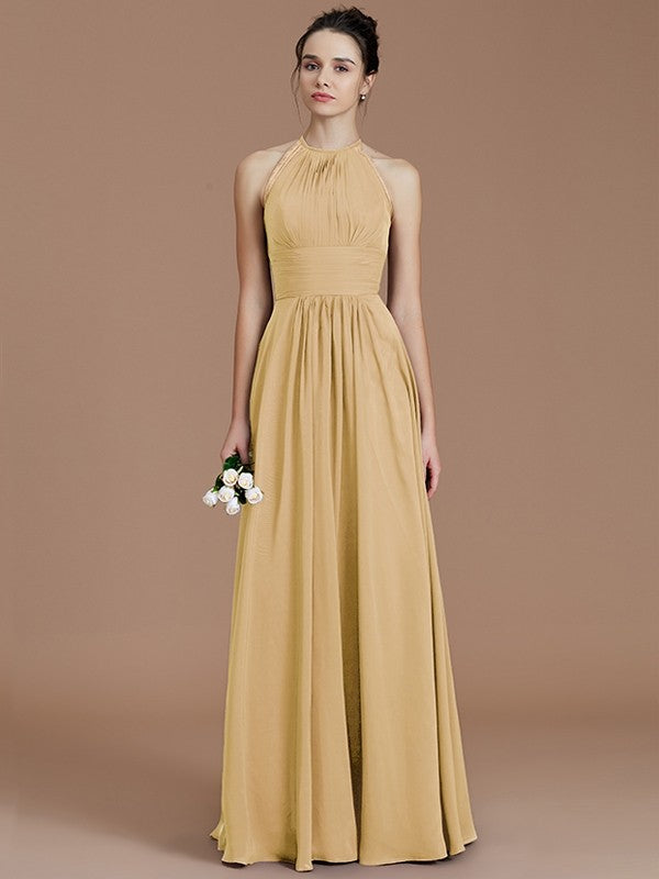A-Line/Princess Halter Sleeveless Ruched Floor-Length Chiffon Bridesmaid Dresses CICIP0005263