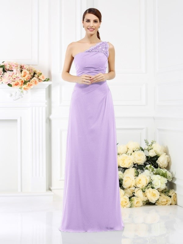 Sheath/Column One-Shoulder Sleeveless Long Satin Bridesmaid Dresses CICIP0005457