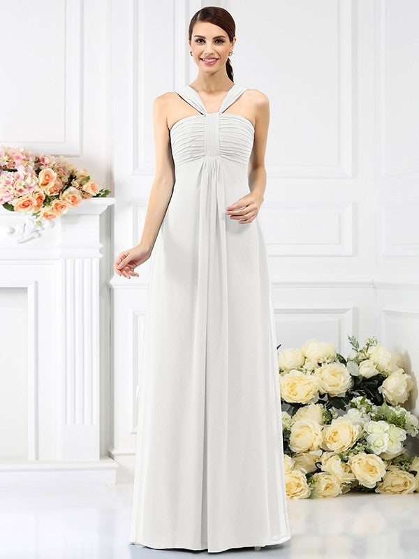A-Line/Princess Straps Pleats Sleeveless Long Chiffon Bridesmaid Dresses CICIP0005478