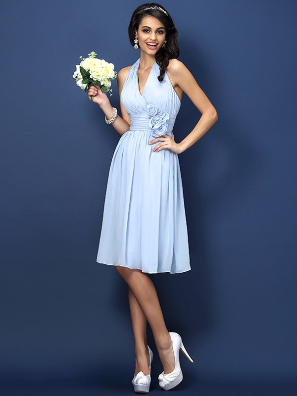 A-Line/Princess Halter Hand-Made Flower Sleeveless Short Chiffon Bridesmaid Dresses CICIP0005668