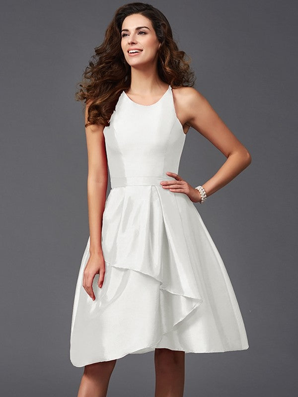 A-Line/Princess Scoop Ruffles Sleeveless Short Taffeta Bridesmaid Dresses CICIP0005721