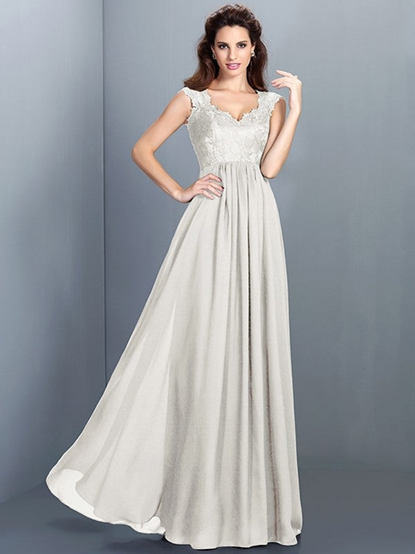 A-Line/Princess Scoop Lace Sleeveless Long Chiffon Bridesmaid Dresses CICIP0005303