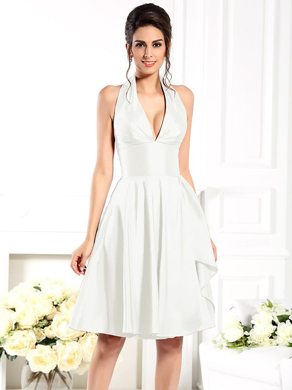 A-Line/Princess Halter Sleeveless Short Taffeta Bridesmaid Dresses CICIP0005356