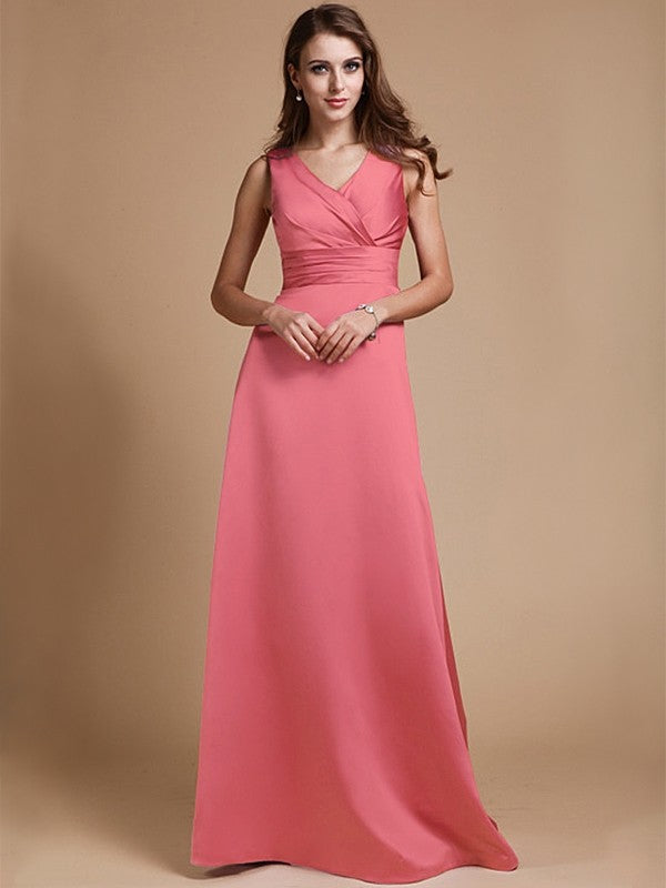 A-Line/Princess V-neck Long Sleeveless Elastic Woven Satin Bridesmaid Dresses CICIP0005409