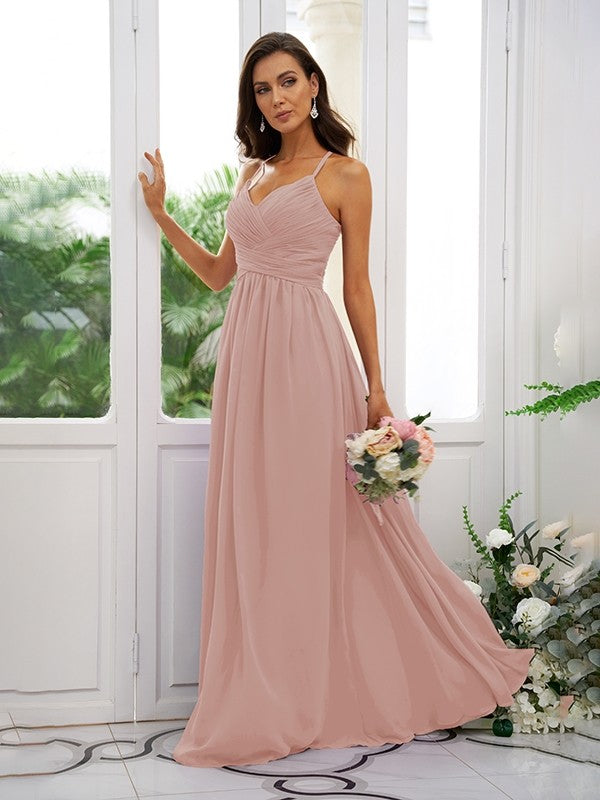 A-Line/Princess Chiffon Ruched V-neck Sleeveless Floor-Length Bridesmaid Dresses CICIP0004928
