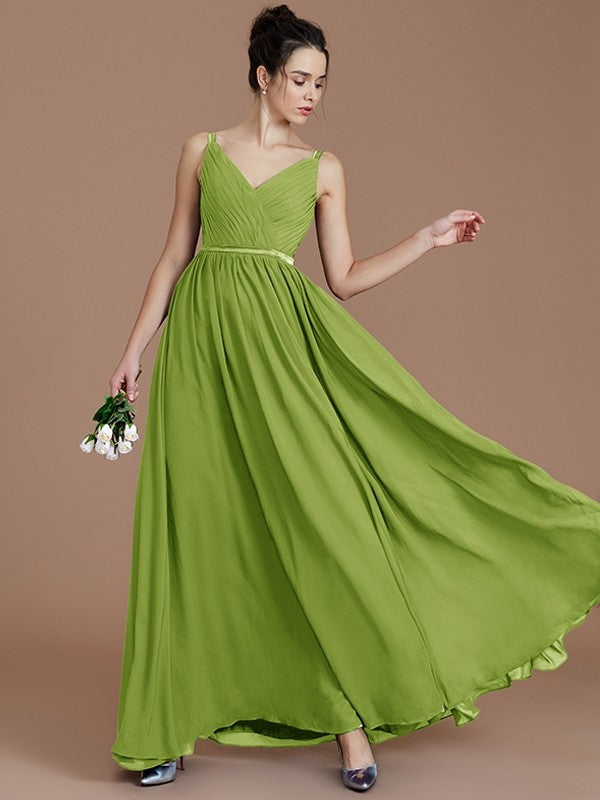 A-Line/Princess V-neck Sleeveless Ruched Floor-Length Chiffon Bridesmaid Dresses CICIP0005599