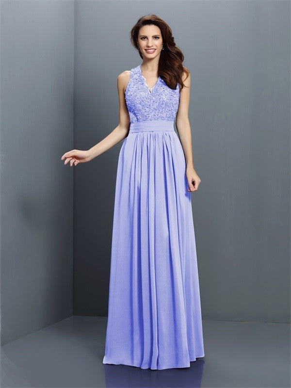 A-Line/Princess V-neck Applique Sleeveless Long Chiffon Bridesmaid Dresses CICIP0005255