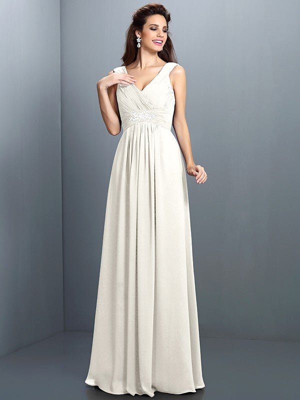 A-Line/Princess V-neck Beading Pleats Sleeveless Long Chiffon Bridesmaid Dresses CICIP0005270
