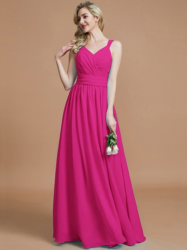 A-Line/Princess V-neck Chiffon Floor-Length Sleeveless Bridesmaid Dresses CICIP0005020