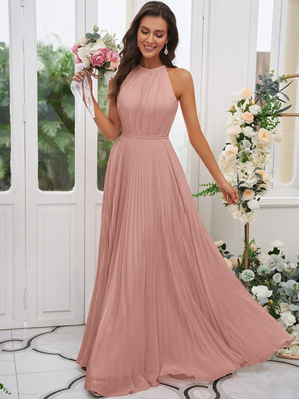A-Line/Princess Chiffon Ruffles Halter Sleeveless Floor-Length Bridesmaid Dresses CICIP0004922