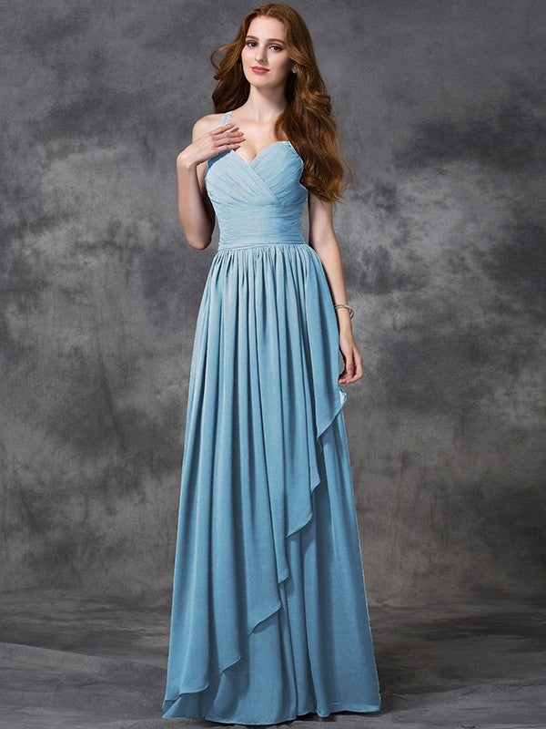 A-line/Princess Spaghetti Straps Sleeveless Long Ruffles Chiffon Bridesmaid Dresses CICIP0005431