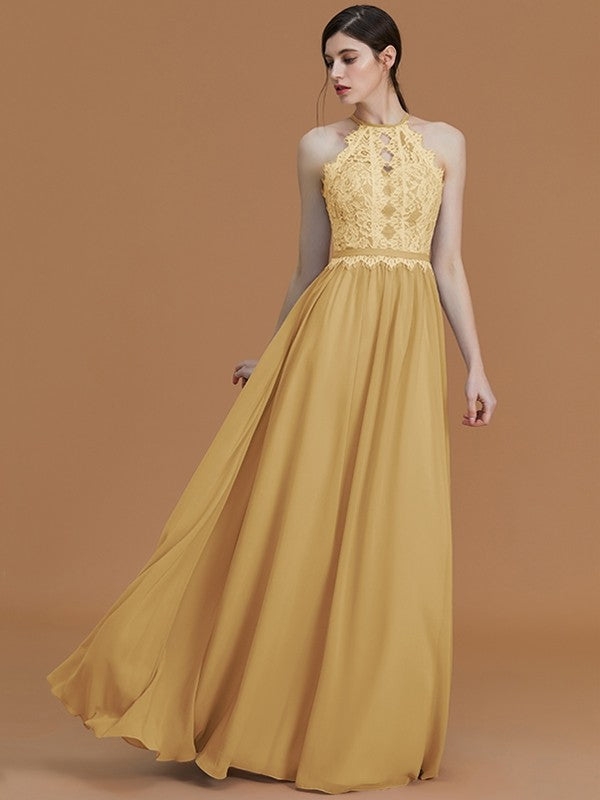 A-Line/Princess Halter Sleeveless Floor-Length Lace Chiffon Bridesmaid Dresses CICIP0005137