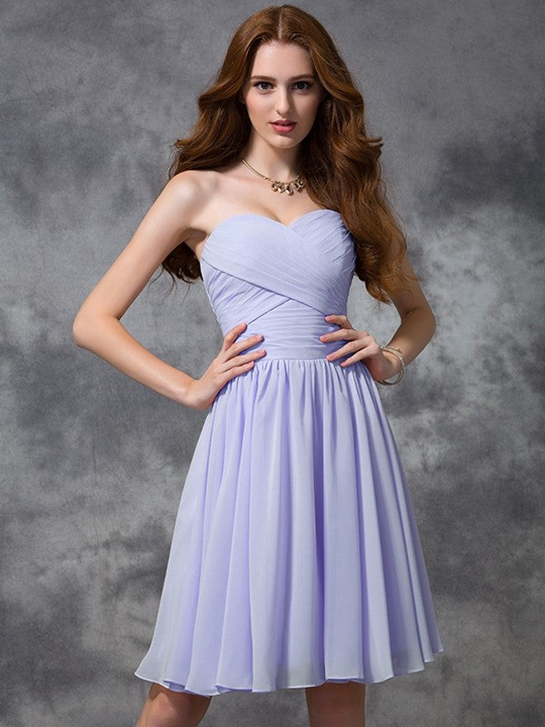 A-line/Princess Sweetheart Sleeveless Ruched Short Chiffon Bridesmaid Dresses CICIP0005627