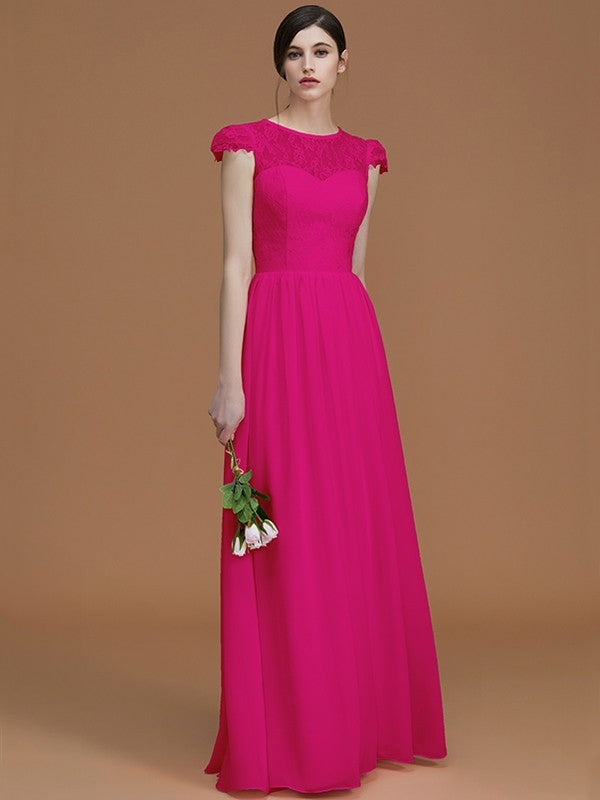 A-Line/Princess Jewel Short Sleeves Floor-Length Lace Chiffon Bridesmaid Dresses CICIP0005810