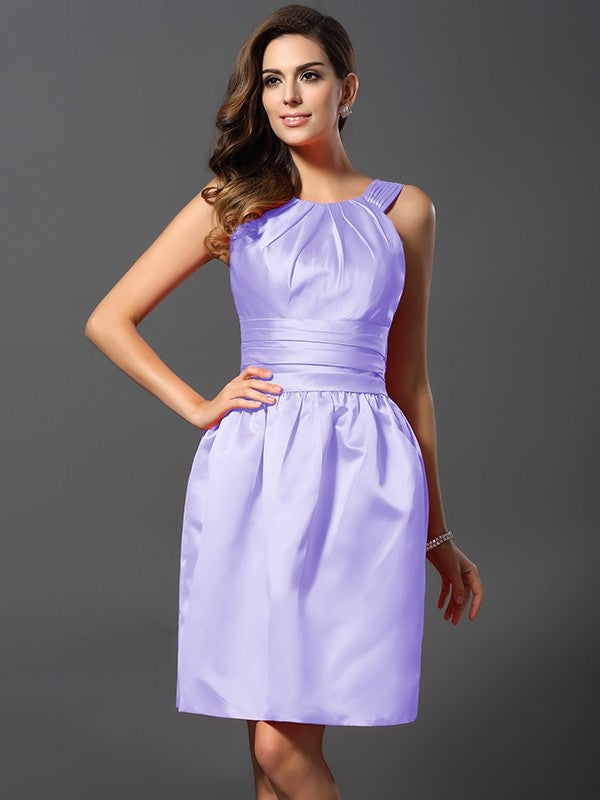 A-Line/Princess Bateau Sleeveless Short Satin Bridesmaid Dresses CICIP0005847