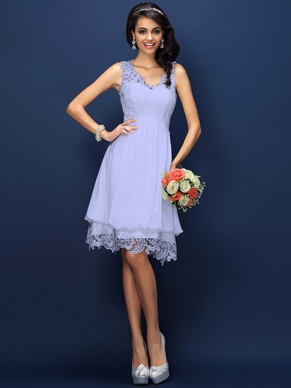 A-Line/Princess V-neck Lace Sleeveless Short Bridesmaid Dresses CICIP0005236