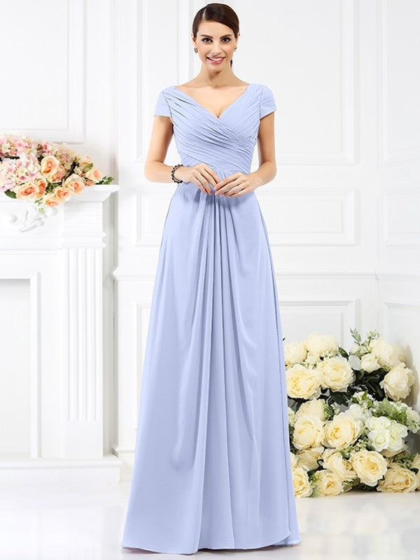 A-Line/Princess V-neck Pleats Short Sleeves Long Chiffon Bridesmaid Dresses CICIP0005128