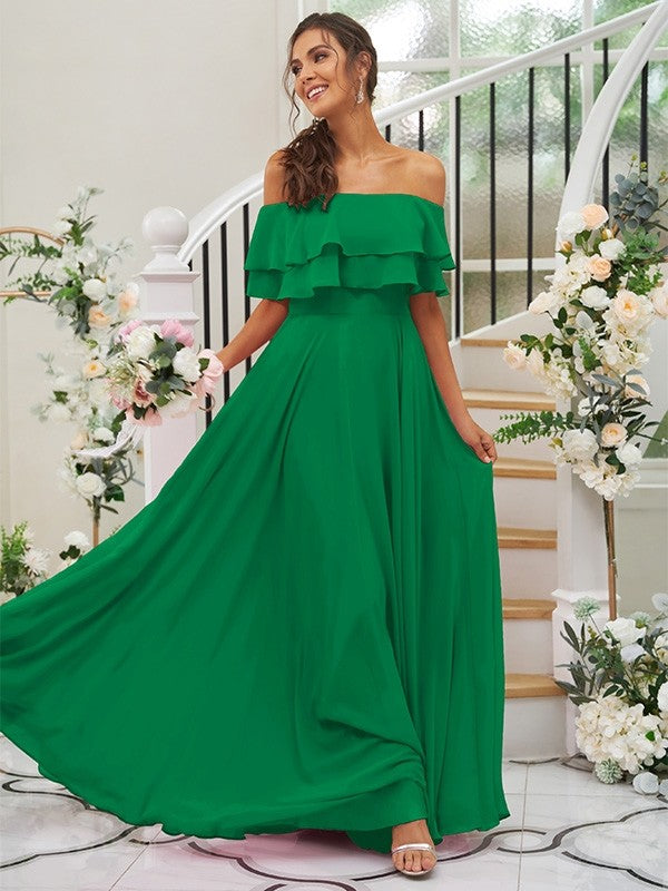 A-Line/Princess Chiffon Ruffles Off-the-Shoulder Sleeveless Floor-Length Bridesmaid Dresses CICIP0004914