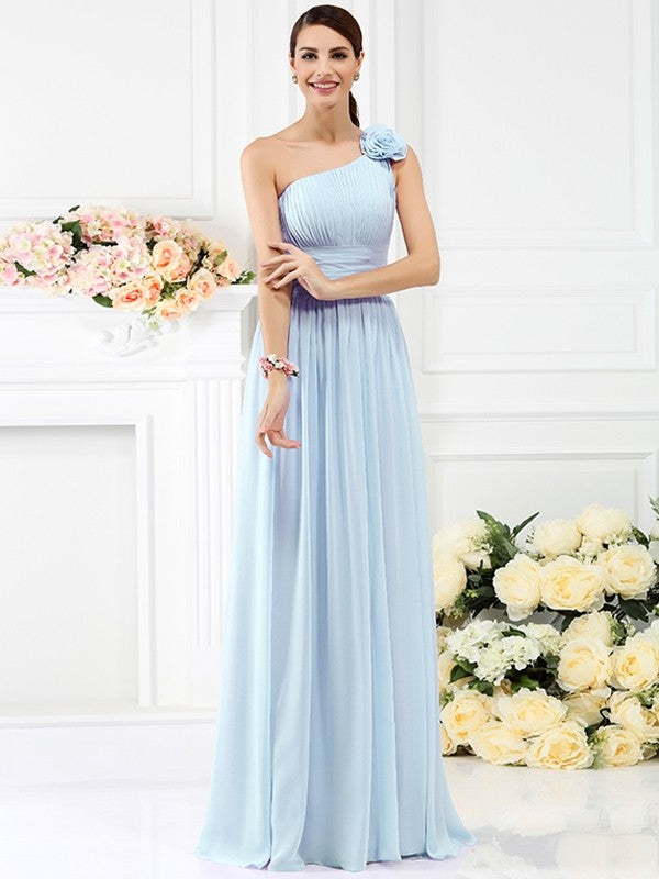 A-Line/Princess One-Shoulder Pleats Hand-Made Flower Sleeveless Long Chiffon Bridesmaid Dresses CICIP0005131
