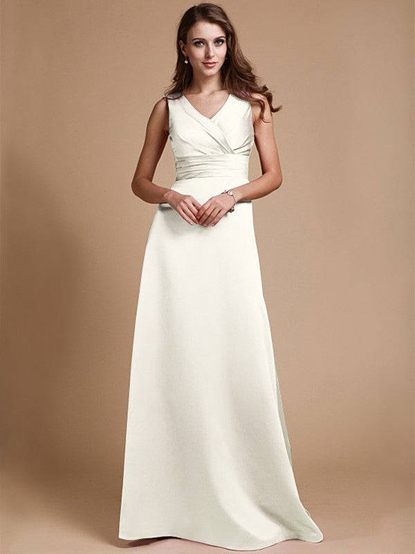 A-Line/Princess V-neck Long Sleeveless Elastic Woven Satin Bridesmaid Dresses CICIP0005409