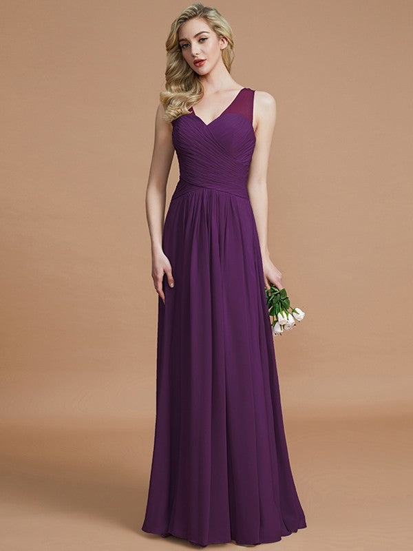 A-Line/Princess V-neck Chiffon Floor-Length Sleeveless Bridesmaid Dresses CICIP0005466