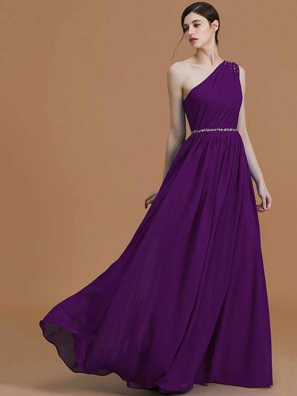 A-Line/Princess One-Shoulder Sleeveless Floor-Length Beading Chiffon Bridesmaid Dresses CICIP0005259