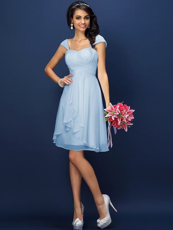 A-Line/Princess Straps Pleats Sleeveless Short Chiffon Bridesmaid Dresses CICIP0005306