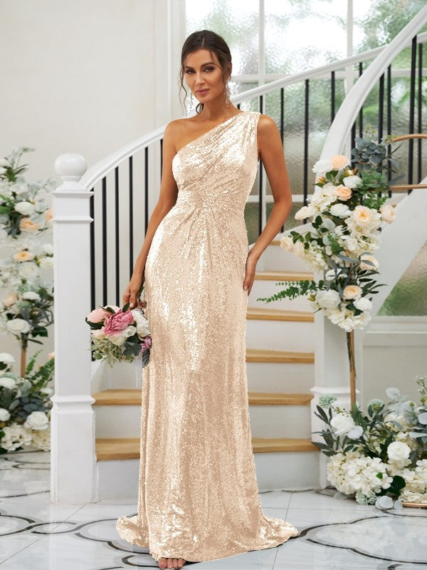 Sheath/Column Sequins Ruched One-Shoulder Sleeveless Sweep/Brush Train Bridesmaid Dresses CICIP0004900