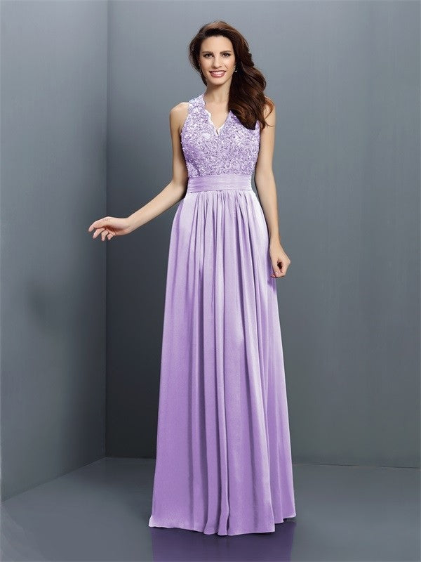 A-Line/Princess V-neck Applique Sleeveless Long Chiffon Bridesmaid Dresses CICIP0005255
