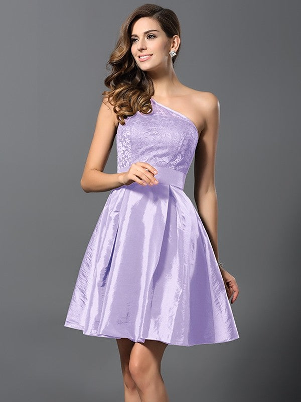 A-Line/Princess One-Shoulder Sleeveless Short Taffeta Bridesmaid Dresses CICIP0005513