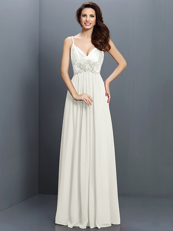 A-Line/Princess V-neck Hand-Made Flower Sleeveless Long Chiffon Bridesmaid Dresses CICIP0005634