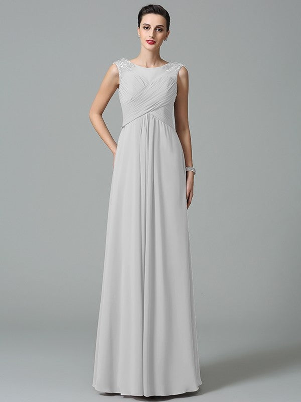 A-Line/Princess Scoop Ruched Sleeveless Long Chiffon Bridesmaid Dresses CICIP0005442