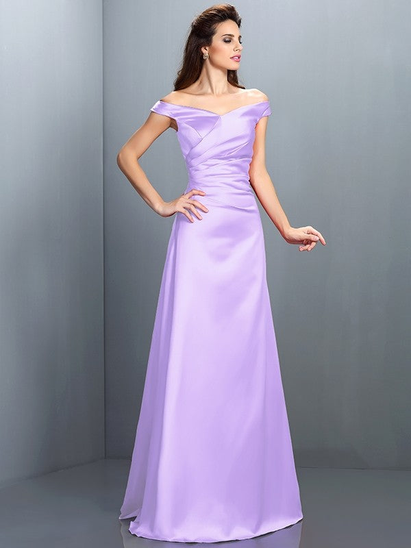 Sheath/Column Off-the-Shoulder Sleeveless Long Satin Bridesmaid Dresses CICIP0005332