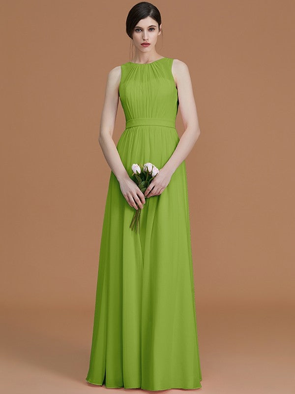 A-Line/Princess Jewel Sleeveless Floor-Length Ruched Chiffon Bridesmaid Dresses CICIP0005645