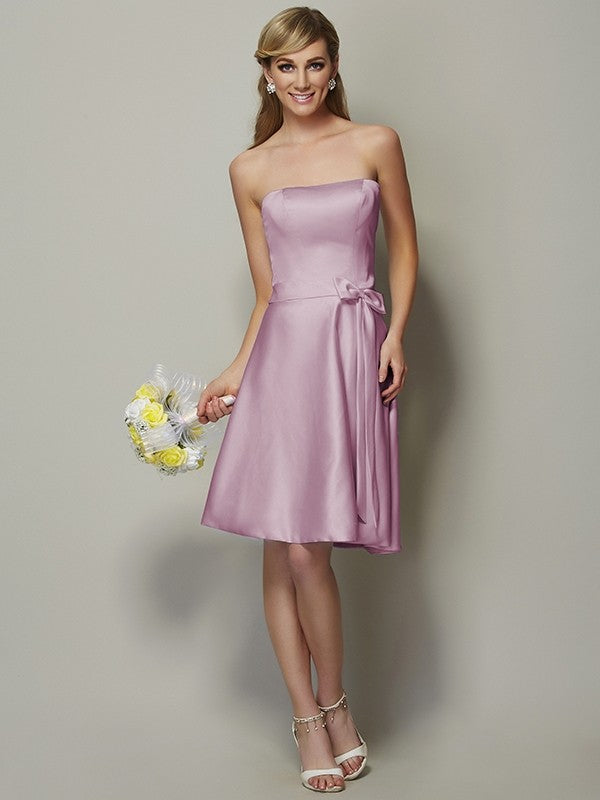 A-Line/Princess Strapless Sleeveless Bowknot Short Satin Bridesmaid Dresses CICIP0005863