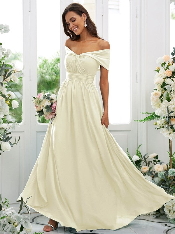 A-Line/Princess Chiffon Ruched Off-the-Shoulder Sleeveless Floor-Length Bridesmaid Dresses CICIP0004920