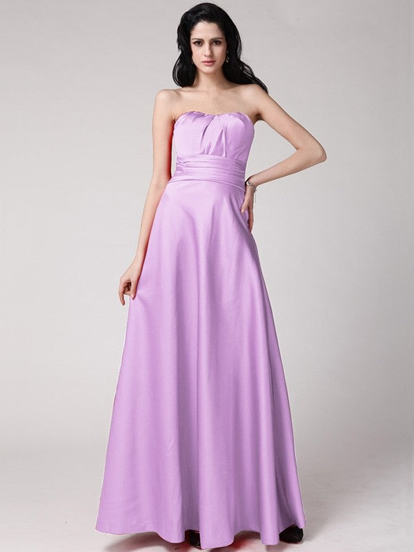 A-Line/Princess Strapless Sleeveless Pleats Long Elastic Woven Satin Bridesmaid Dresses CICIP0005835