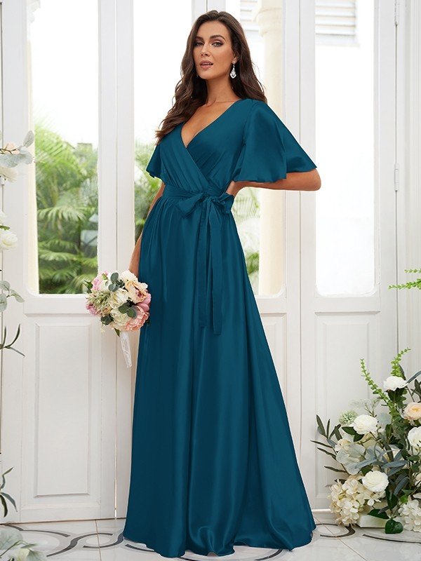 A-Line/Princess Silk like Satin Sash/Ribbon/Belt V-neck Short Sleeves Floor-Length Bridesmaid Dresses CICIP0004897