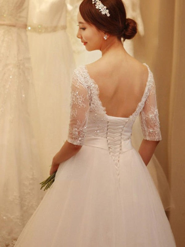Ball Gown Beading Tulle 1/2 Sleeves Off-the-Shoulder Chapel Train Wedding Dresses CICIP0006722