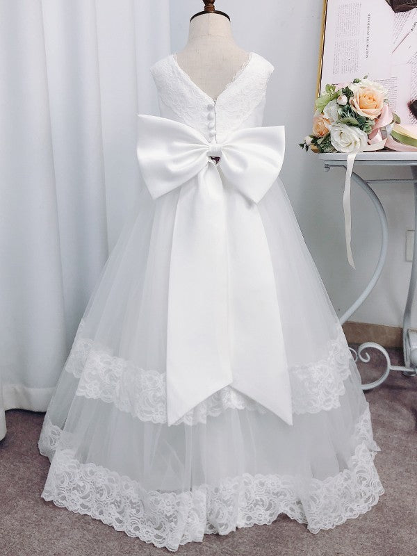A-Line/Princess Tulle Lace V-neck Sleeveless Floor-Length Flower Girl Dresses CICIP0007936
