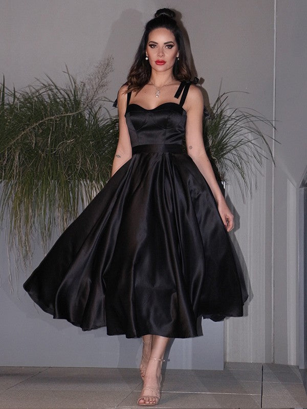 A-Line/Princess Satin Ruffles Straps Sleeveless Tea-Length Homecoming Dresses CICIP0004663
