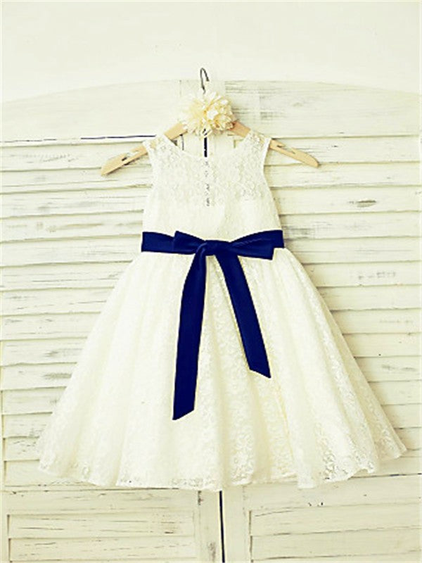 A-line/Princess Scoop Sleeveless Bowknot Tea-Length Lace Flower Girl Dresses CICIP0007841