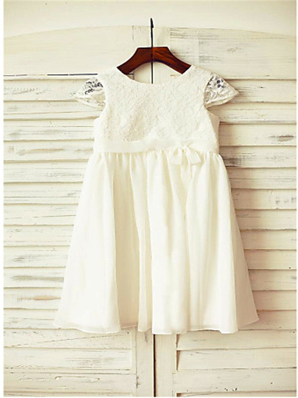 A-line/Princess Scoop Short Sleeves Lace Tea-Length Chiffon Flower Girl Dresses CICIP0007809
